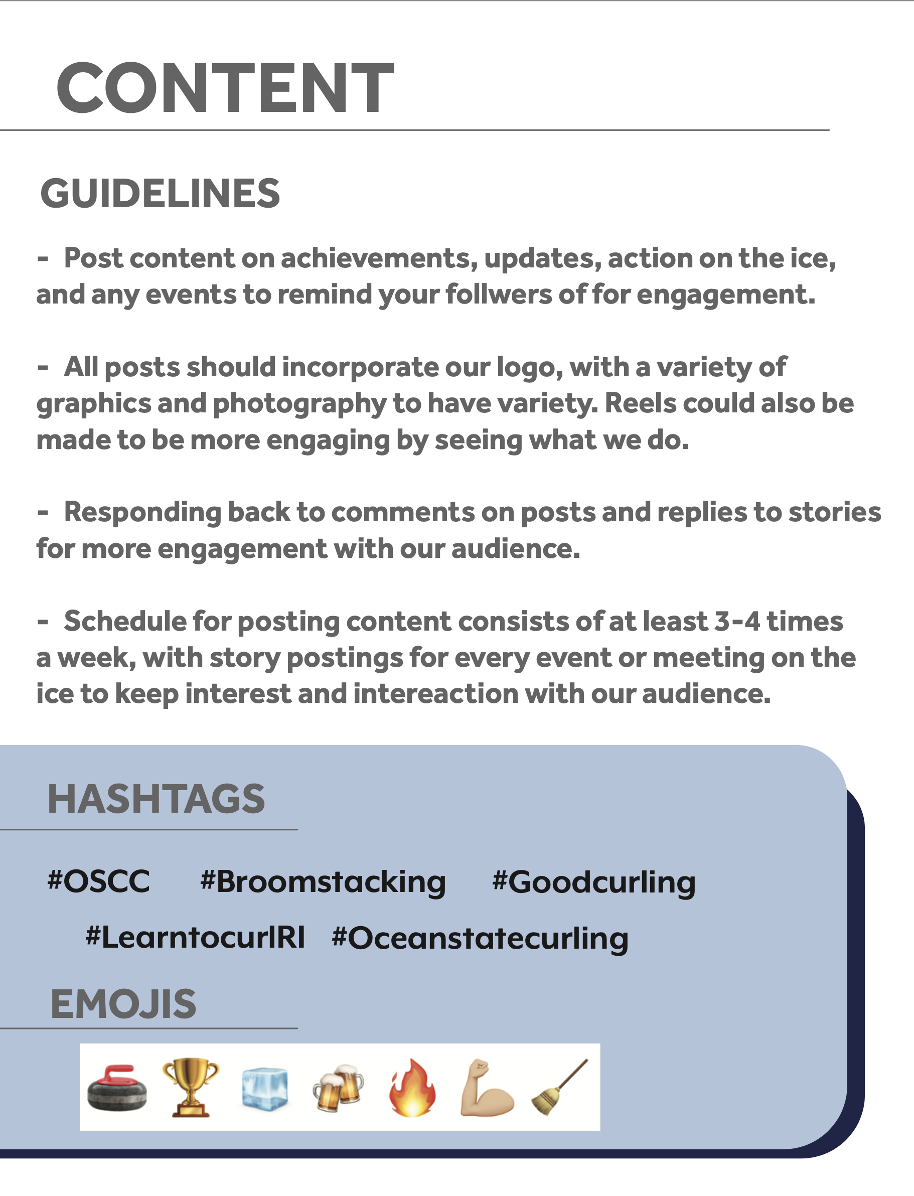 OSCC style guide content guidelines and emojis/hashtags for their Instagram page