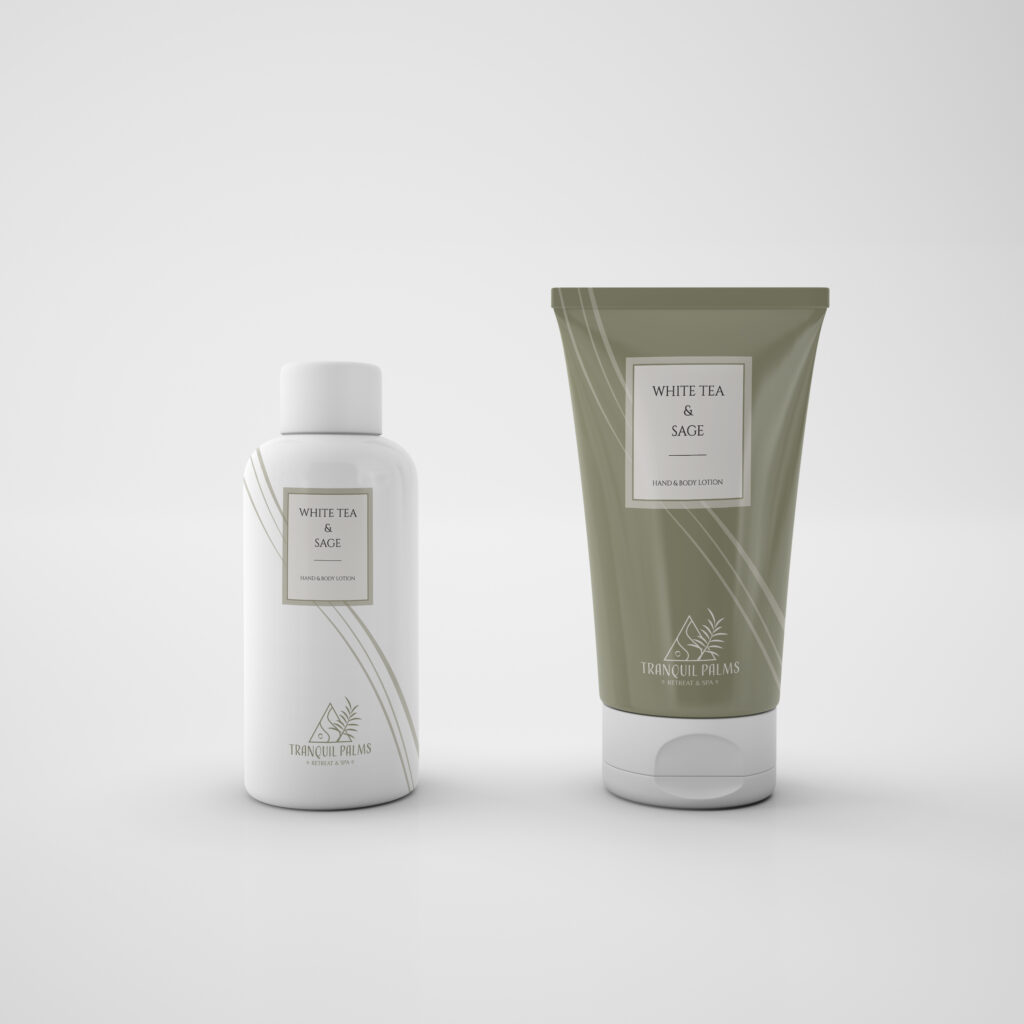 lotion mockups package design Tranquil Palms retreat